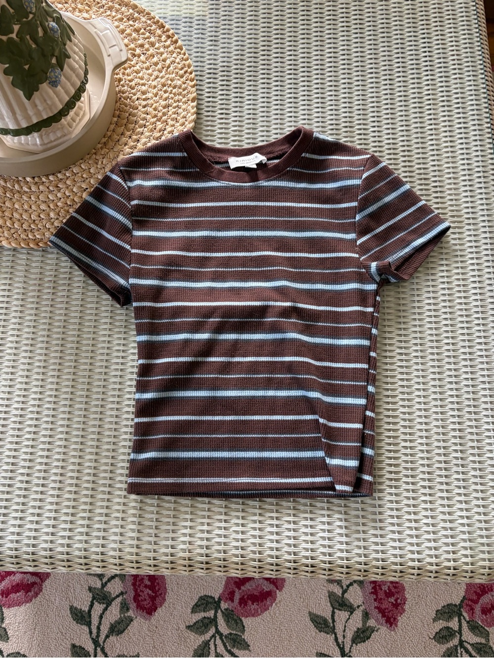 Ribbed Short-Sleeve Kids Tee in Brown & Light Blue Stripes